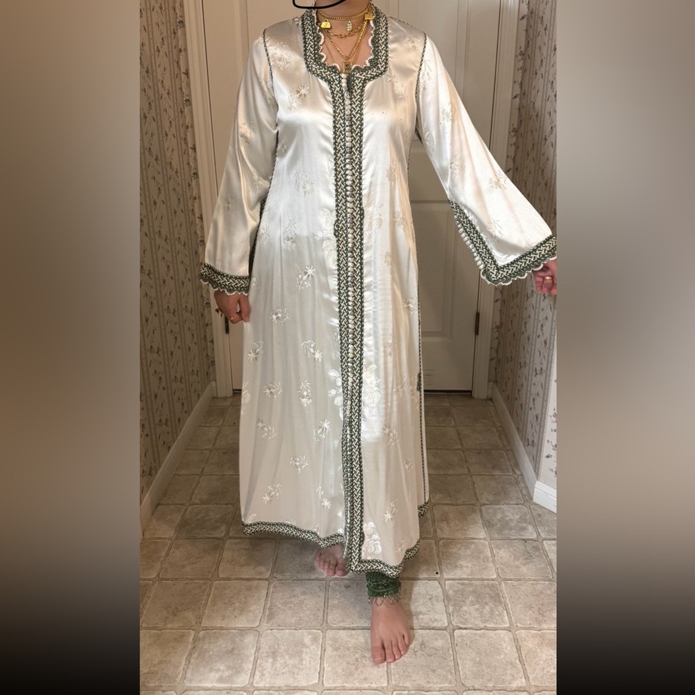 Moroccan Embroidered White Maxi Kaftan  with Green Trim and matching pants